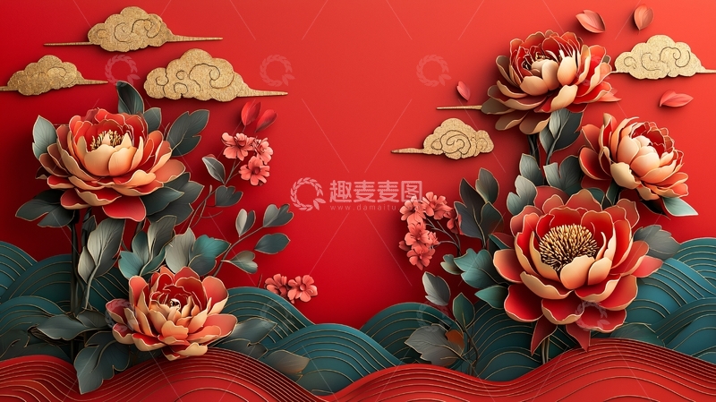 高清大图下载【趣麦麦图】红色花朵祥云壁纸