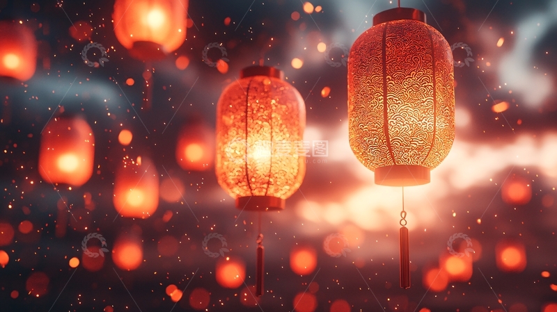 高清大图下载【趣麦麦图】夜空中飞舞的红色灯笼