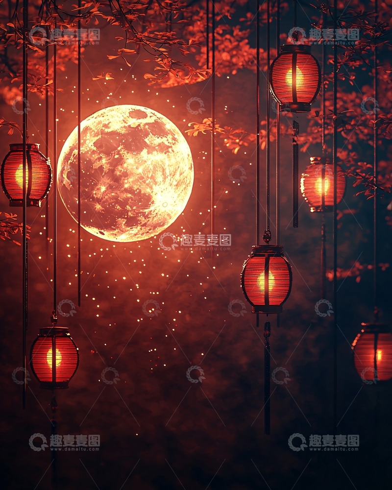 高清大图下载【趣麦麦图】红色灯笼月亮梦幻夜晚