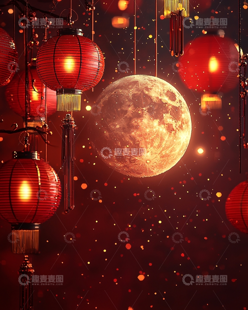 高清大图下载【趣麦麦图】红灯笼月夜