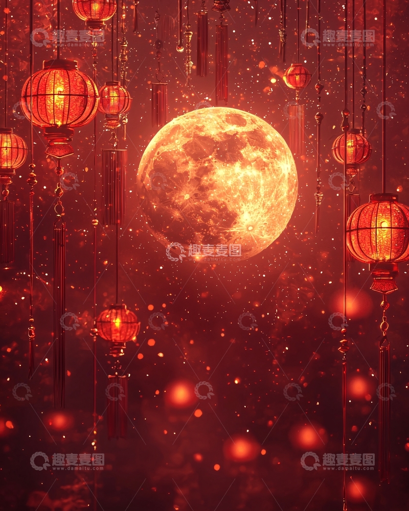 高清大图下载【趣麦麦图】红月与红灯笼梦幻背景