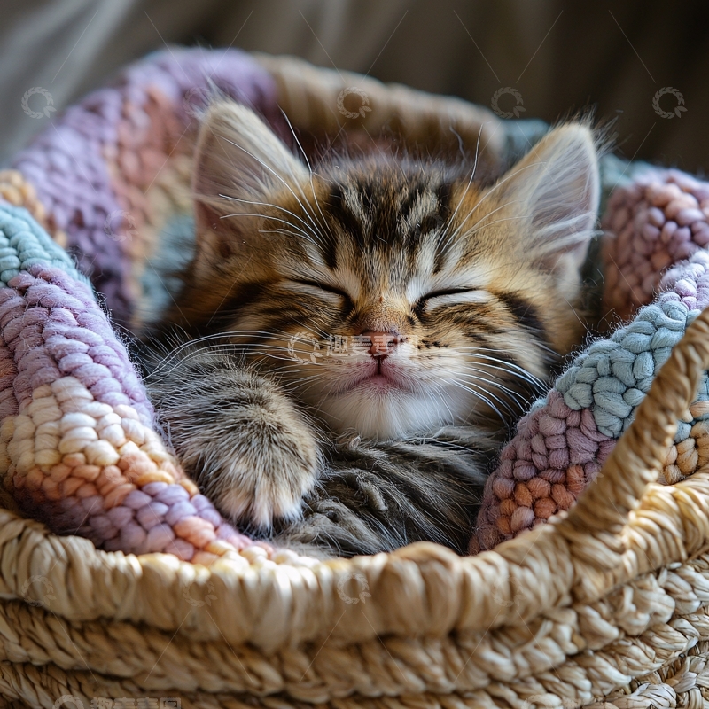 高清大图下载【趣麦麦图】小猫睡觉彩色毛毯