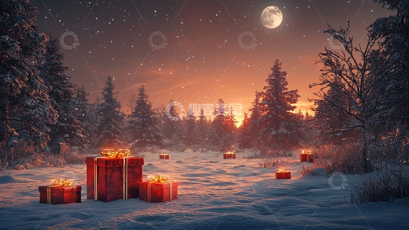 高清大图下载【趣麦麦图】冬夜雪景圣诞礼物