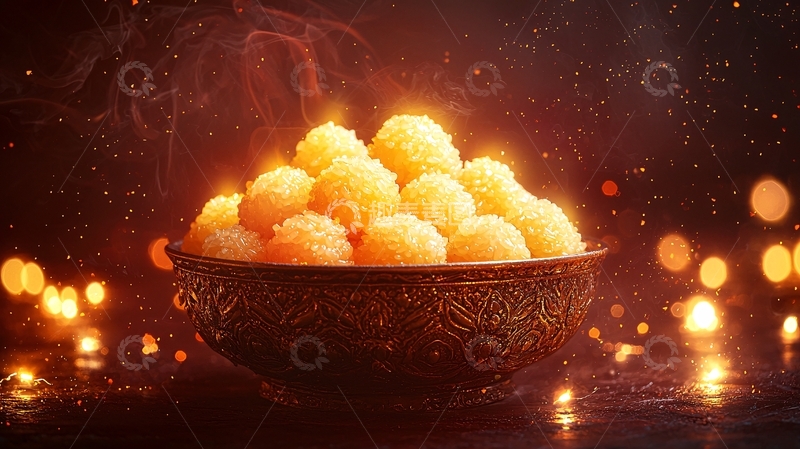 高清大图下载【趣麦麦图】金色碗中散发光芒的甜食