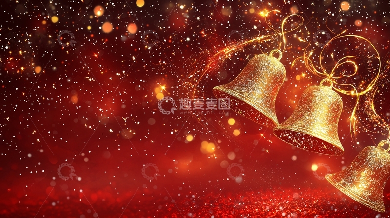 高清大图下载【趣麦麦图】红色背景金色铃铛雪花