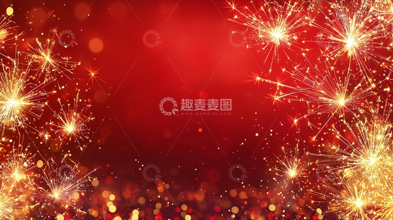 高清大图下载【趣麦麦图】红色背景金色烟花