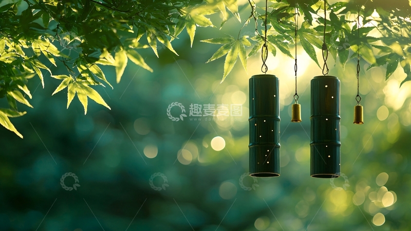 高清大图下载【趣麦麦图】树叶间悬挂的黑色筒状风铃
