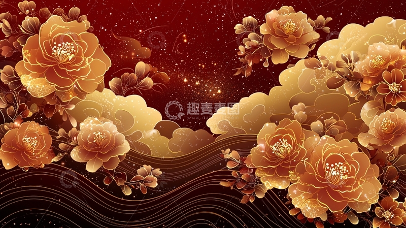 高清大图下载【趣麦麦图】金色牡丹花纹背景图