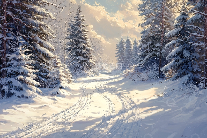 高清大图下载【趣麦麦图】雪地森林小路