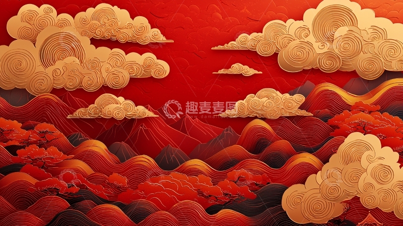 高清大图下载【趣麦麦图】红日祥云山峦图