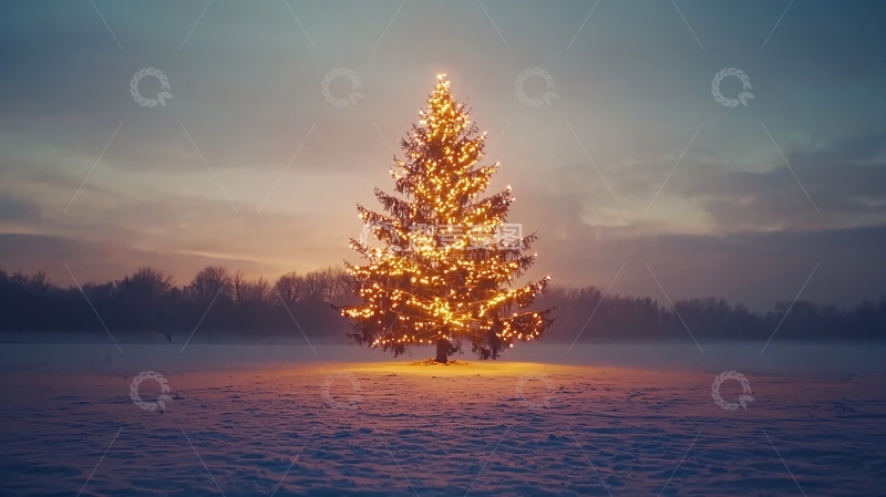 高清大图下载【趣麦麦图】冬夜雪地里闪耀的圣诞树