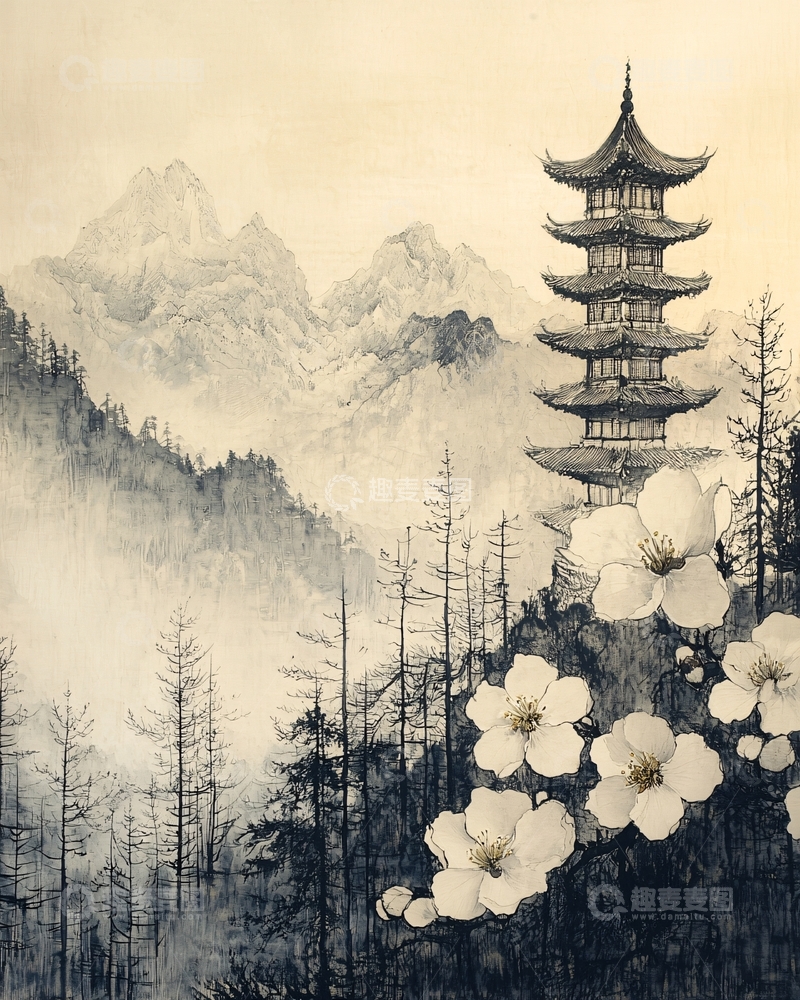 高清大图下载【趣麦麦图】中国风山水塔楼水墨画