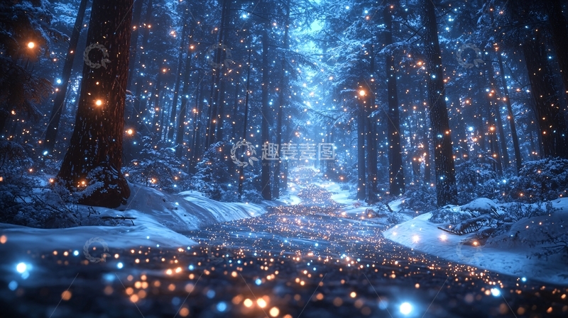 高清大图下载【趣麦麦图】冬日雪夜森林星光点点