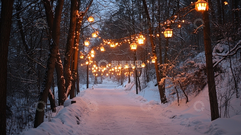 高清大图下载【趣麦麦图】冬夜雪路灯光