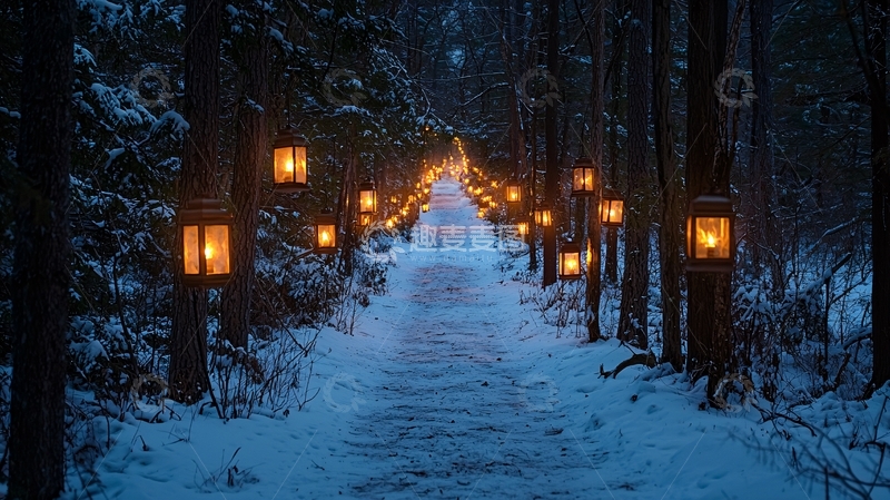 高清大图下载【趣麦麦图】冬夜森林小路灯笼