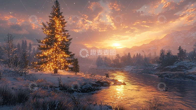 高清大图下载【趣麦麦图】雪山日落圣诞树