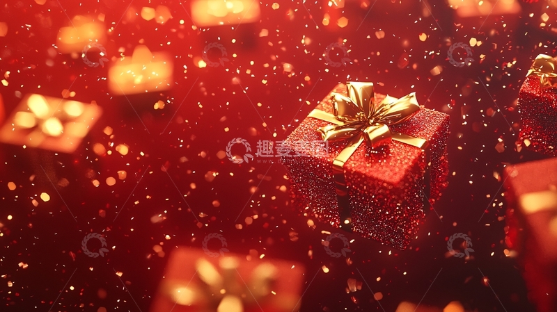 高清大图下载【趣麦麦图】红色背景金色礼物