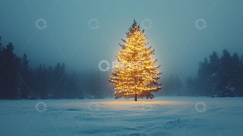 高清大图下载【趣麦麦图】雾中闪耀的圣诞树