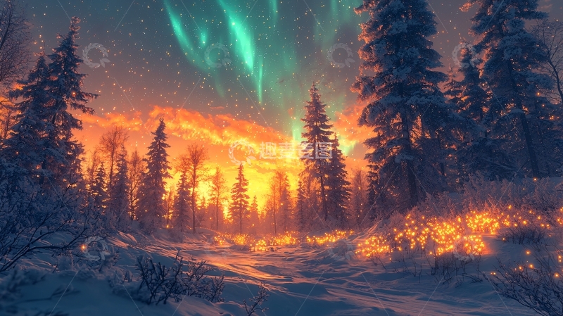 高清大图下载【趣麦麦图】极光森林雪景