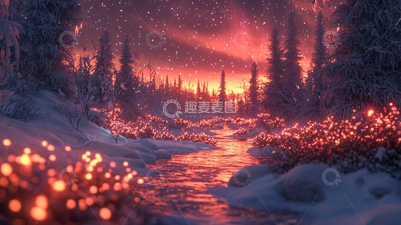 高清大图下载【趣麦麦图】极光下的雪地森林小溪