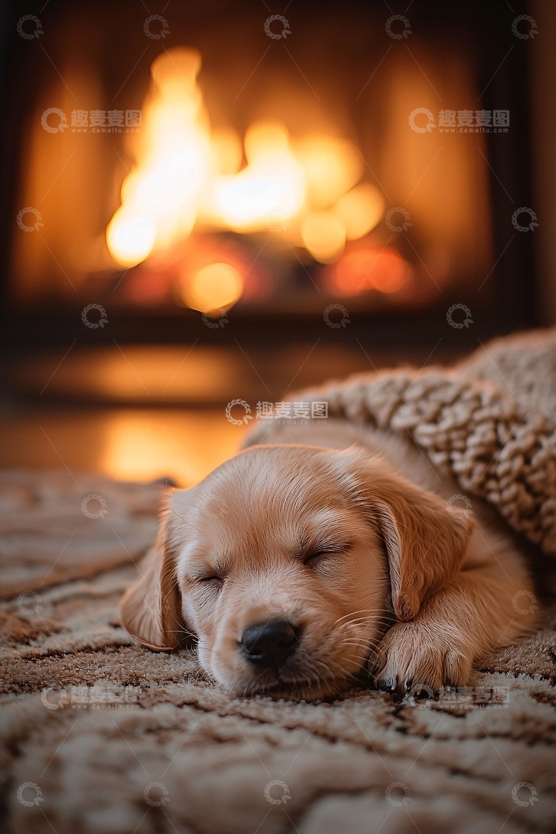 高清大图下载【趣麦麦图】金毛幼犬壁炉旁熟睡