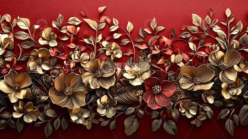 高清大图下载【趣麦麦图】红色背景金色花朵壁纸