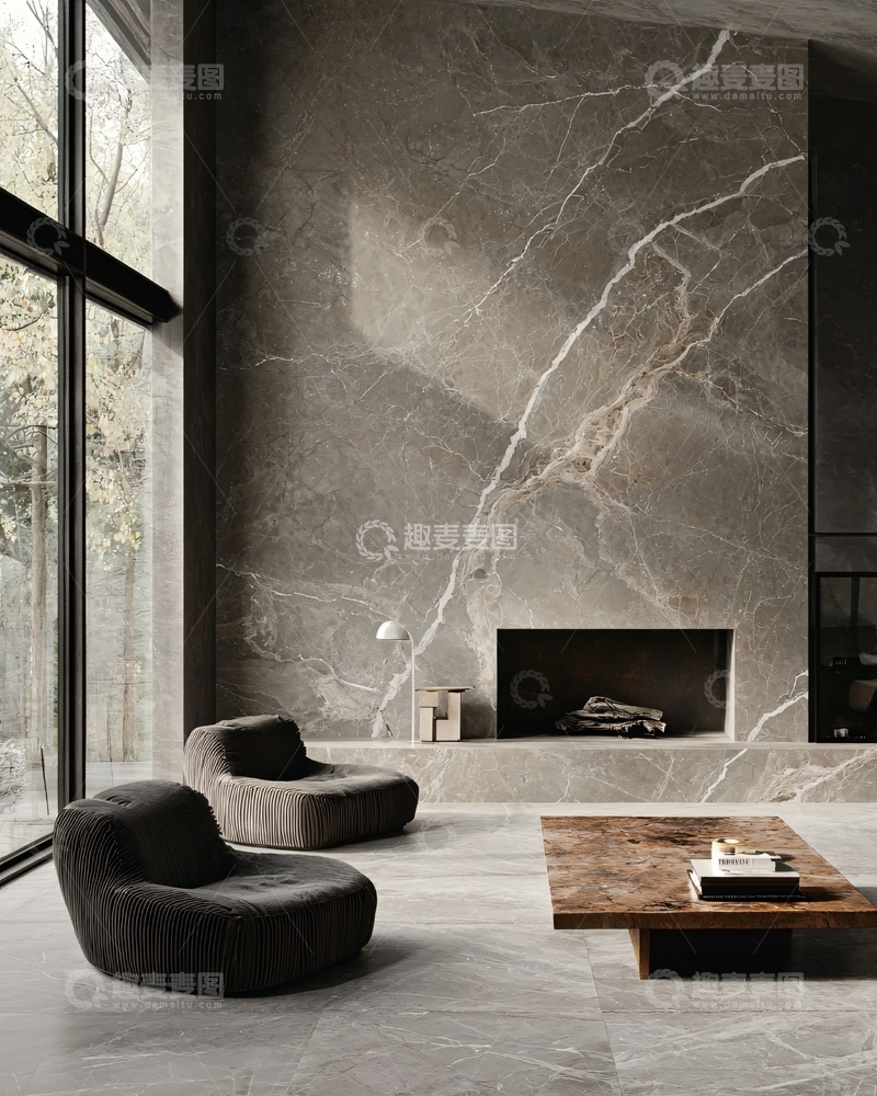 高清大图下载【趣麦麦图】极简灰色大理石壁炉客厅