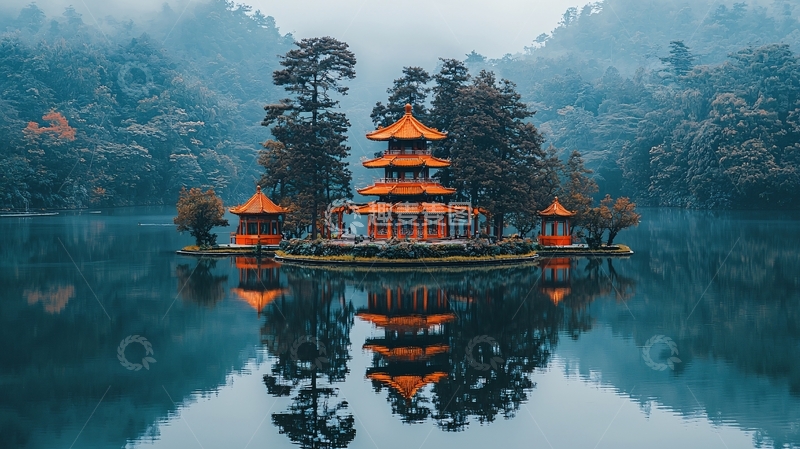 高清大图下载【趣麦麦图】湖中寺庙