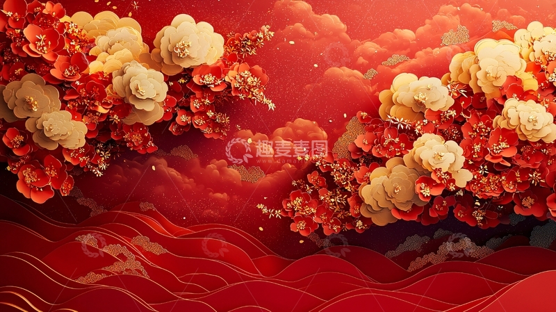高清大图下载【趣麦麦图】红金色花朵祥云背景图