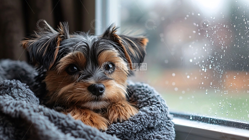 高清大图下载【趣麦麦图】雨天窗边的小狗