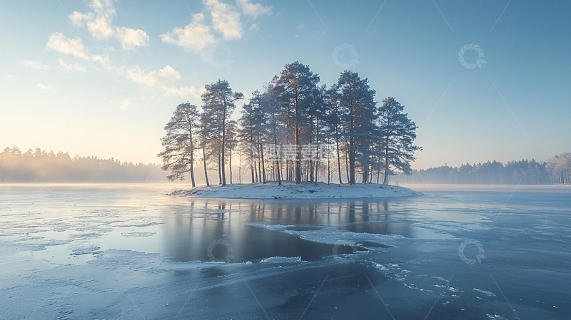 高清大图下载【趣麦麦图】冰封湖面上的树林