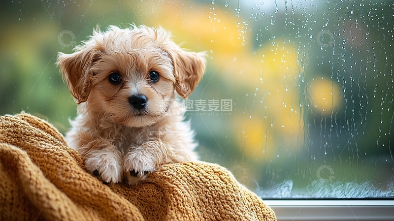 高清大图下载【趣麦麦图】雨天窗边的小狗