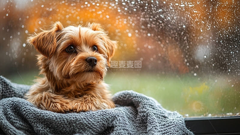 高清大图下载【趣麦麦图】雨天狗狗依偎在窗边