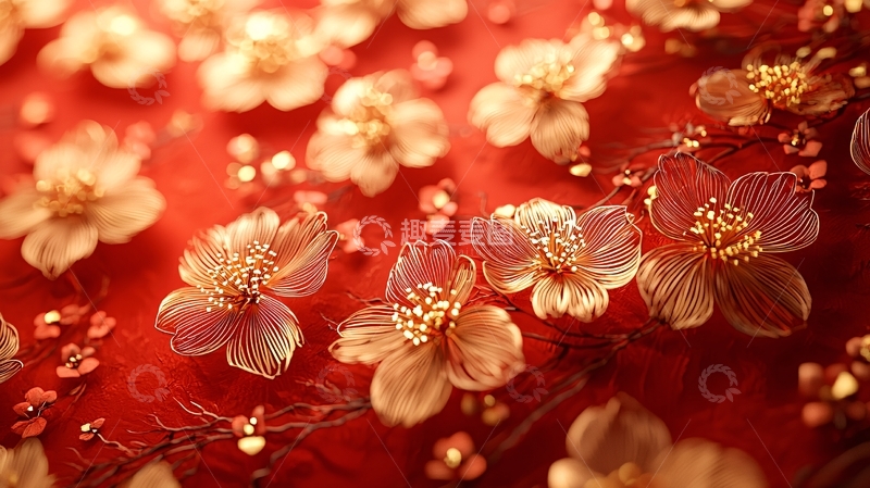 高清大图下载【趣麦麦图】红底金色花朵刺绣