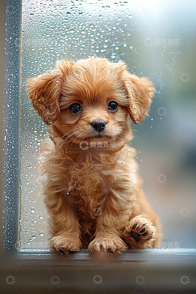 高清大图下载【趣麦麦图】雨天窗边的小狗