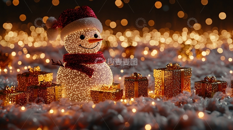 高清大图下载【趣麦麦图】圣诞雪人与礼物灯光