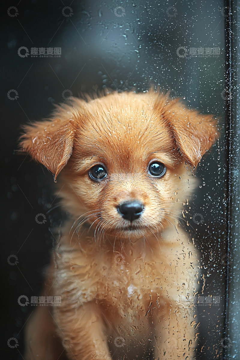 高清大图下载【趣麦麦图】雨天窗边的小狗