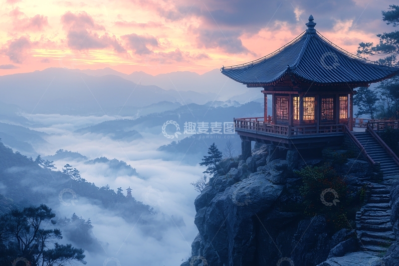 高清大图下载【趣麦麦图】山顶亭台云海日出