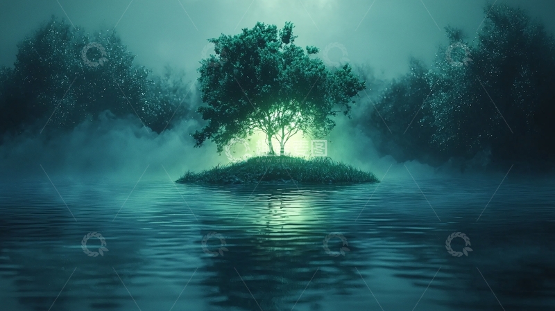 高清大图下载【趣麦麦图】雾气森林孤岛树木