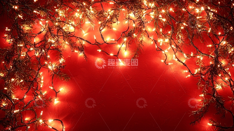 高清大图下载【趣麦麦图】红色背景圣诞灯串