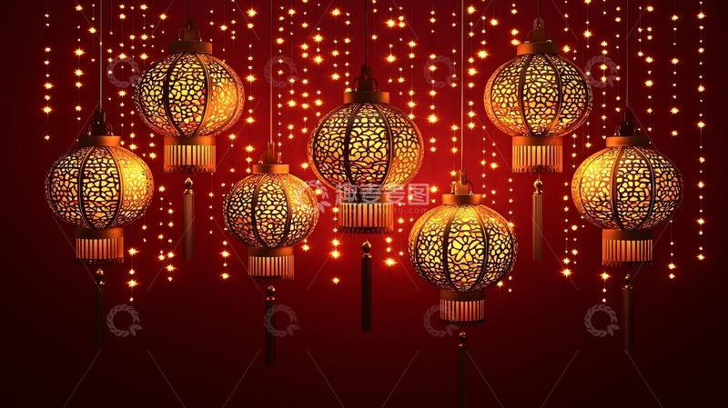 高清大图下载【趣麦麦图】红底金黄色中国灯笼