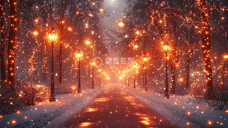 高清大图下载【趣麦麦图】雪夜小路温暖灯光