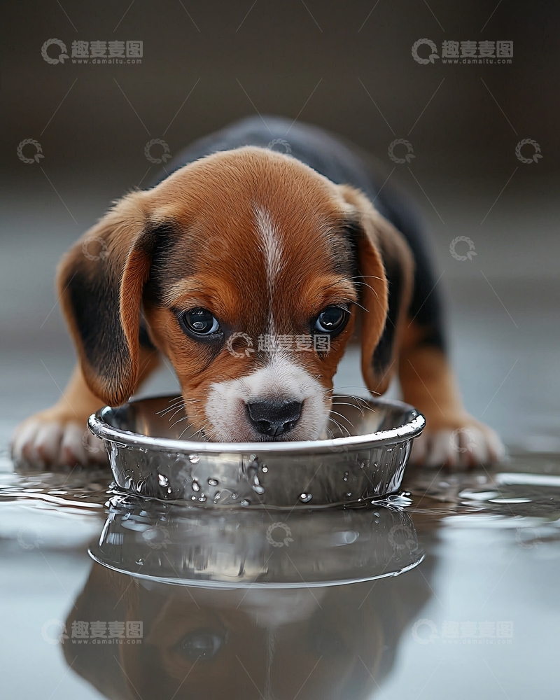 高清大图下载【趣麦麦图】小猎犬幼犬喝水