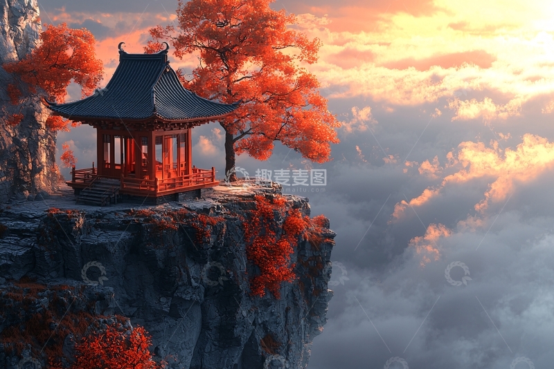 高清大图下载【趣麦麦图】悬崖边上的红色亭子