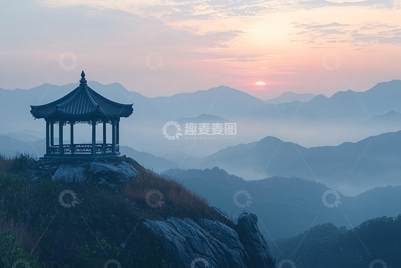 高清大图下载【趣麦麦图】山顶亭台日出景色