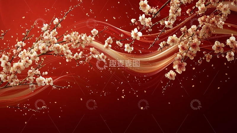 高清大图下载【趣麦麦图】红底飘逸梅花枝条