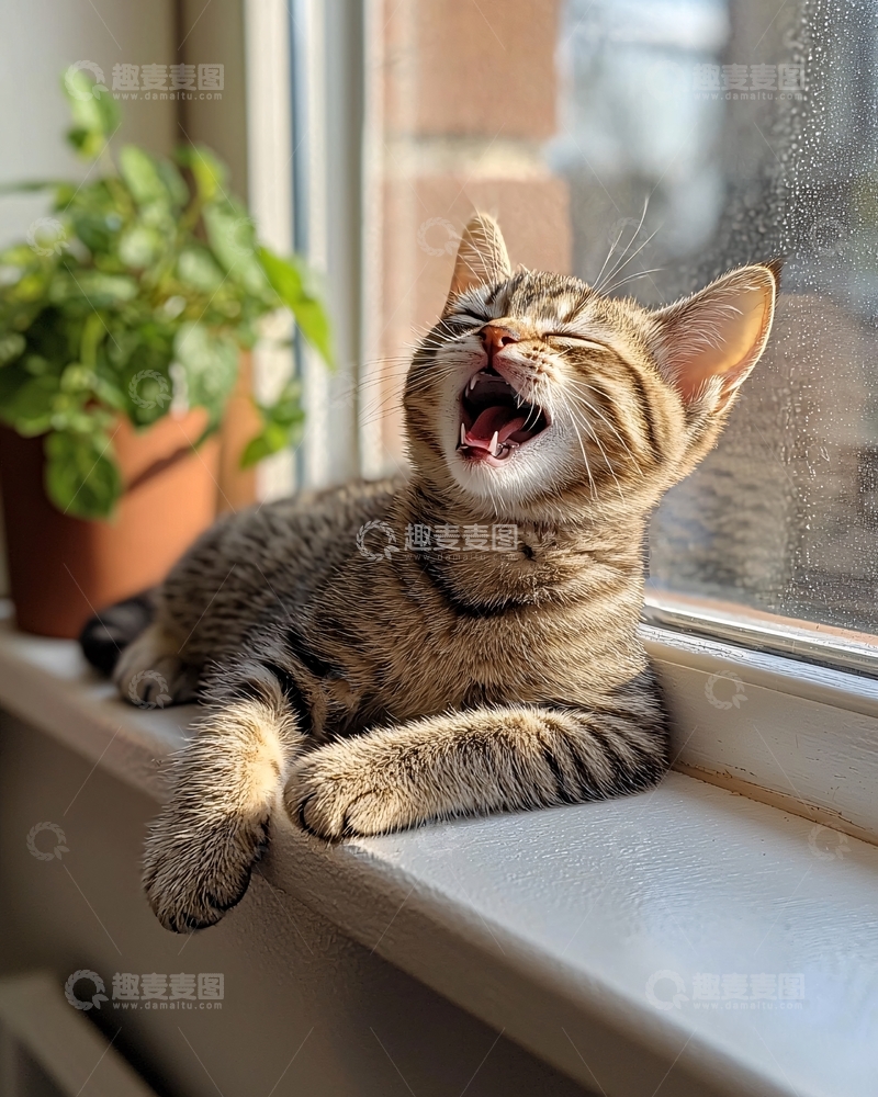 高清大图下载【趣麦麦图】窗台上的猫咪张着嘴