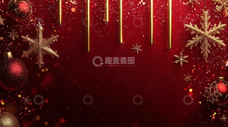 高清大图下载【趣麦麦图】红色背景金色雪花圣诞装饰