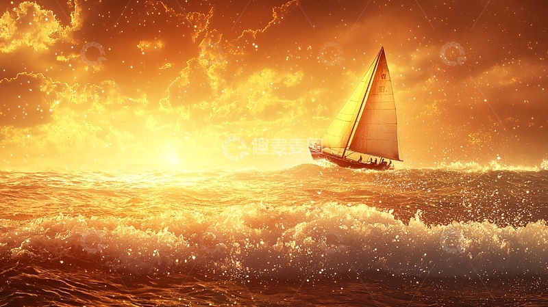 高清大图下载【趣麦麦图】燃烧的夕阳下的小帆船