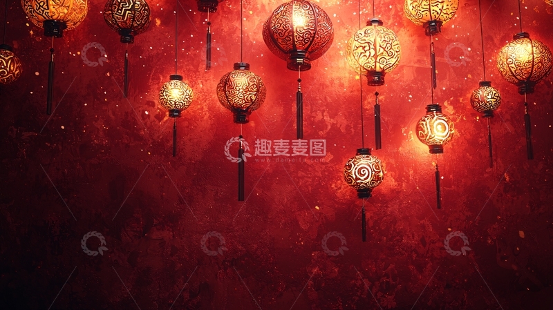 高清大图下载【趣麦麦图】红墙上悬挂的中国灯笼